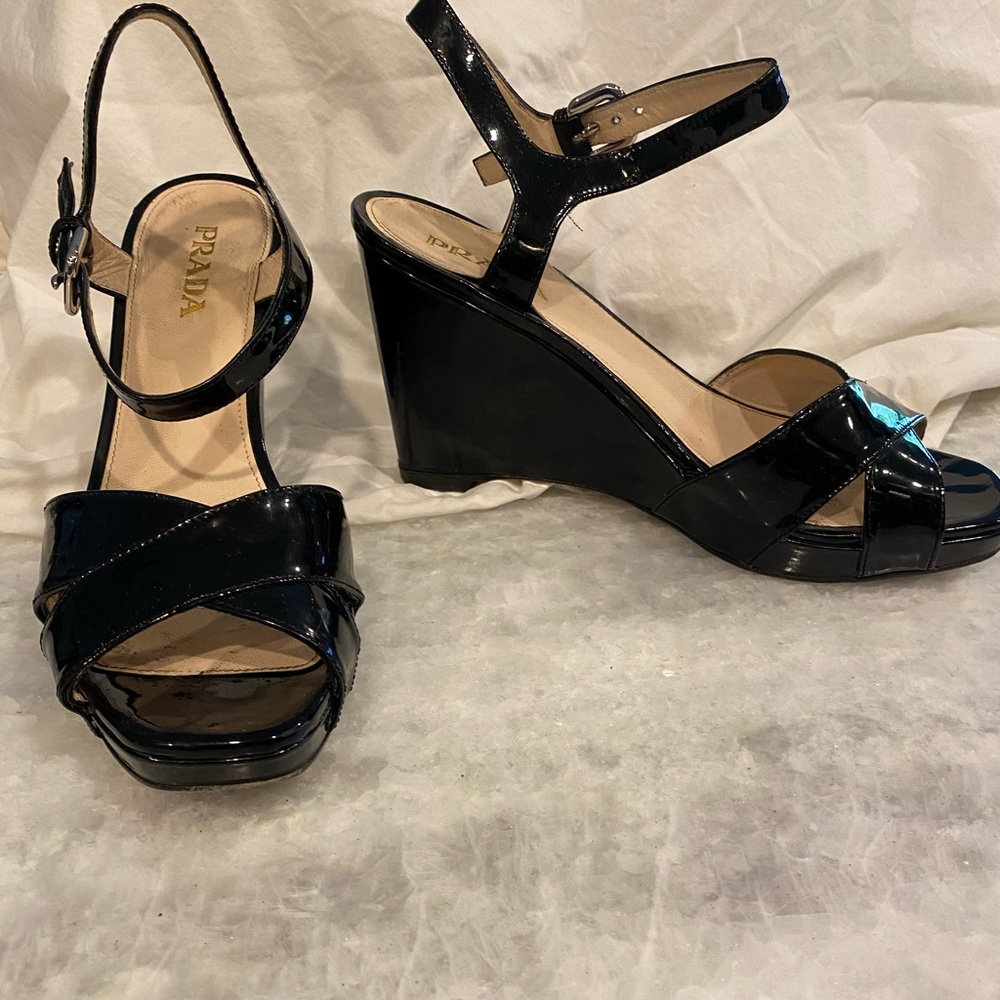 Prada wedge black patent leather sandals.  381/2.
